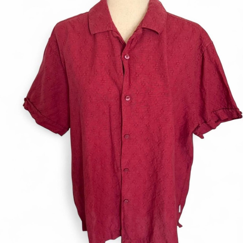 Cubavera Men's Large Red Linen Shirt Collared Button Up Resort Cabana Vacation